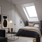 Opal cone bulb plug-in pendant, beside a bed in a loft bedroom