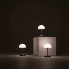 Opal glass dome table lamp with dimmer, lamps lit in a dark room