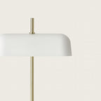 Opal glass shade table lamp with slim stem and oval base, close-up in matte brass
