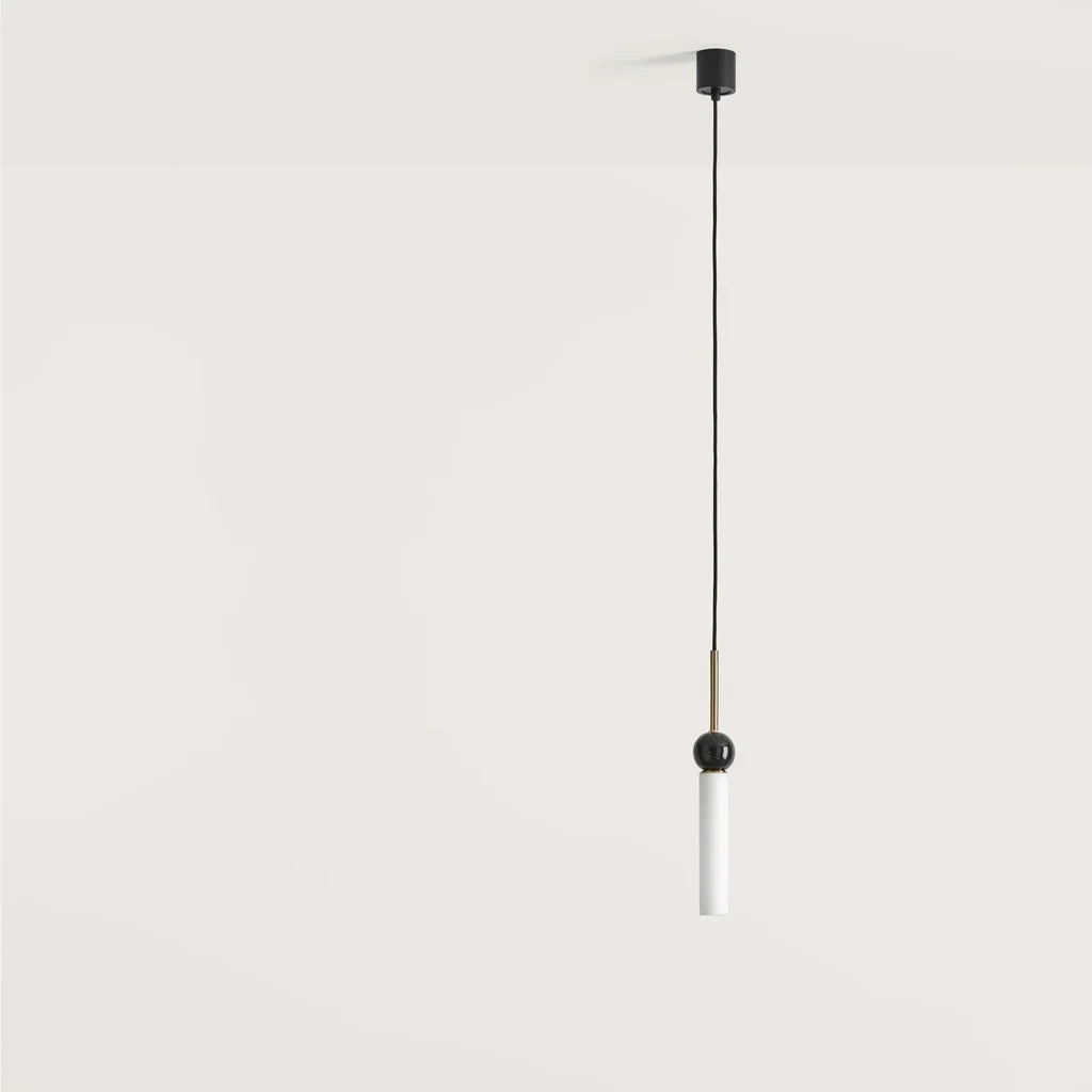 Opal glass tube pendant with marble ball, in aged gold with black marble