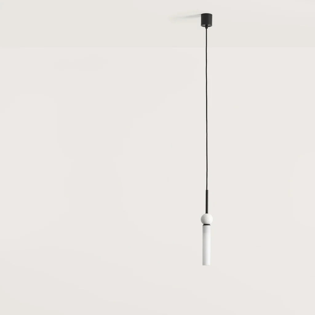 Opal glass tube pendant with marble ball, in matte black with white marble