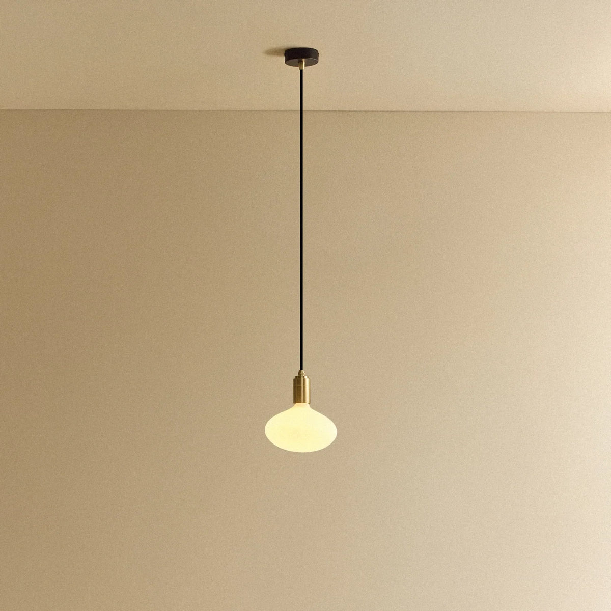 Opal oval bulb pendant, lit against a plain wall