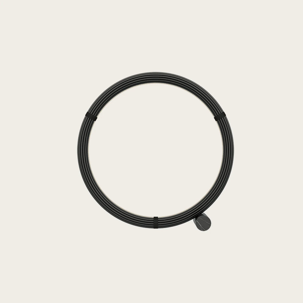 Circular opal ring floor lamp, matte black, ring and small foot, seen from the front
