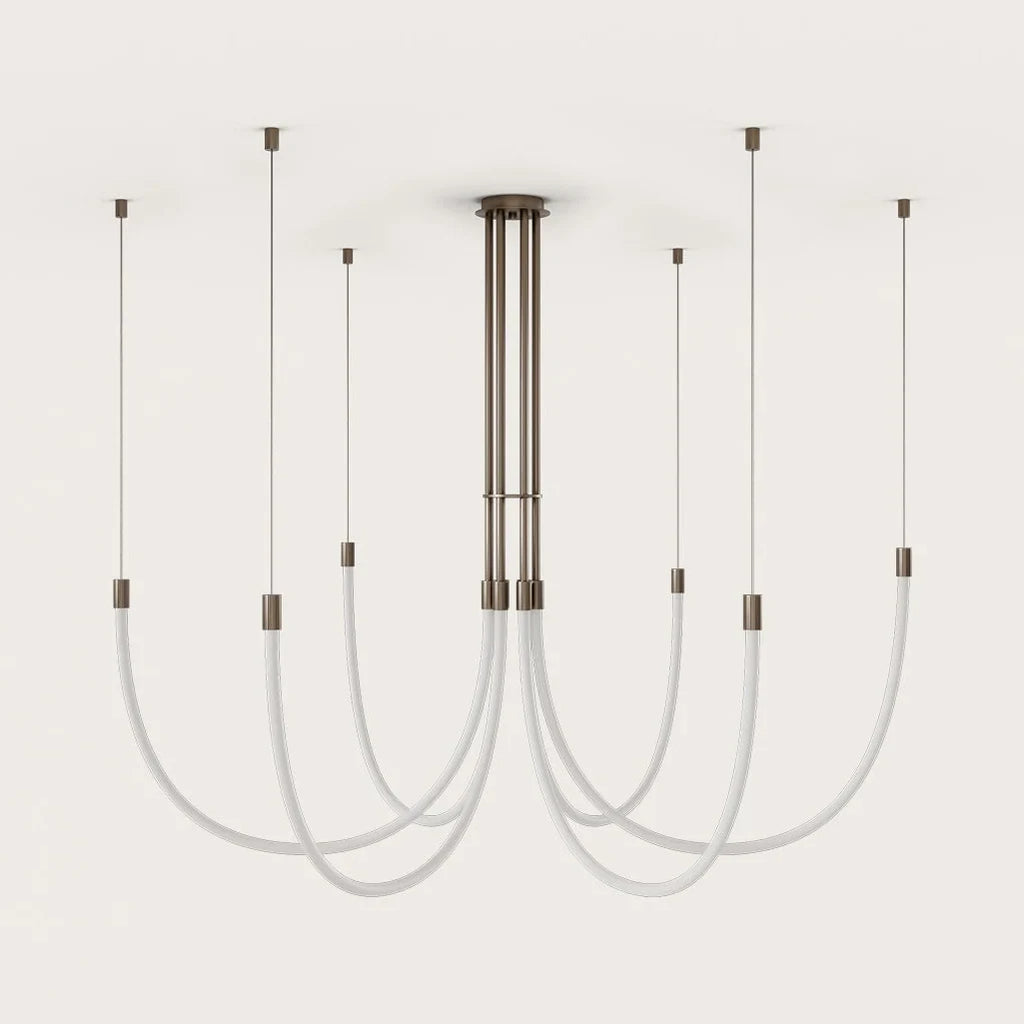 Opal silicone loop LED chandelier, unlit on a plain background