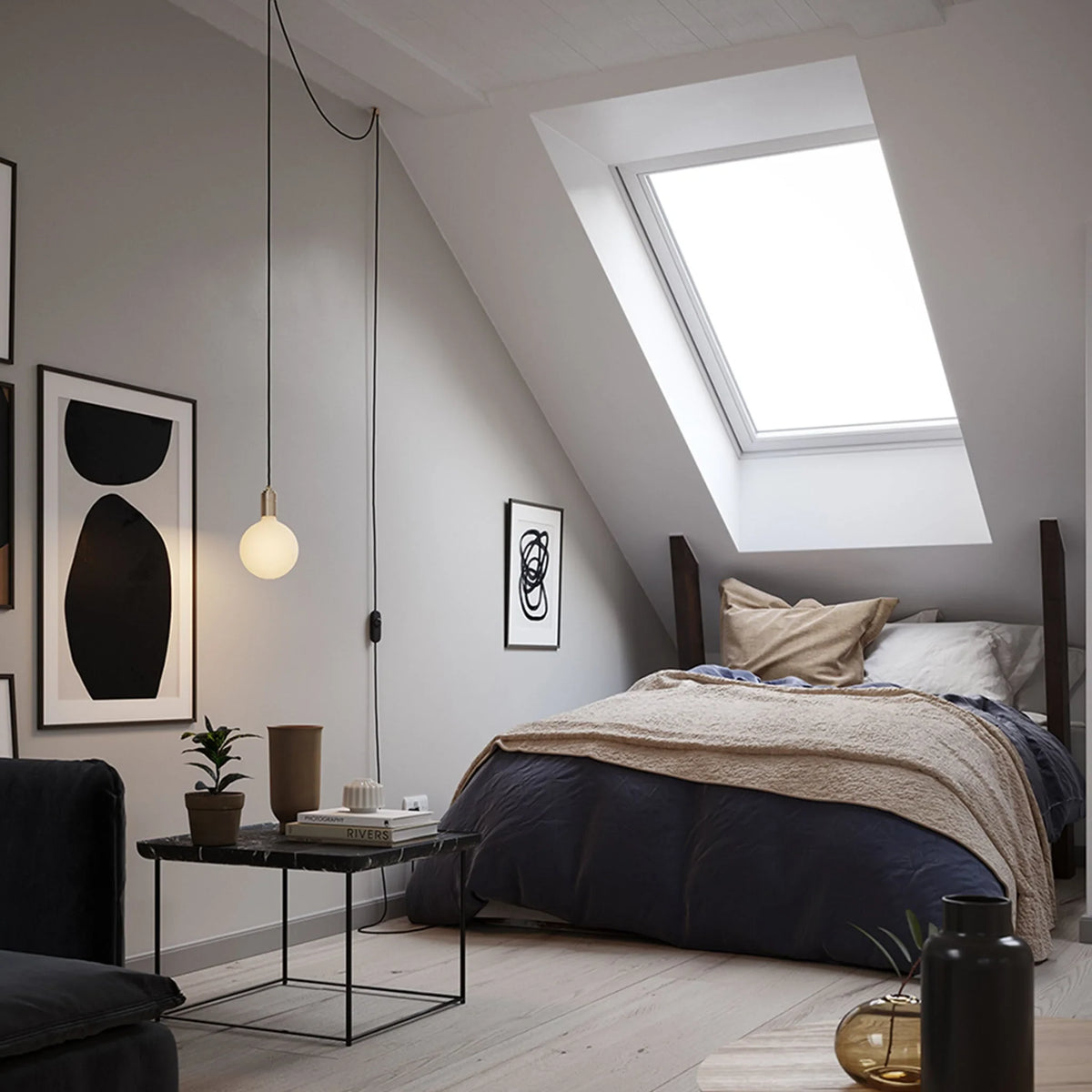Opal sphere bulb plug-in pendant, in a bedroom with a sloping ceiling