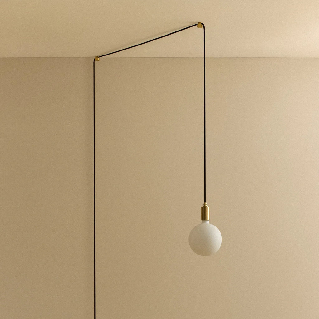 Opal sphere bulb plug-in pendant, in brass, unlit