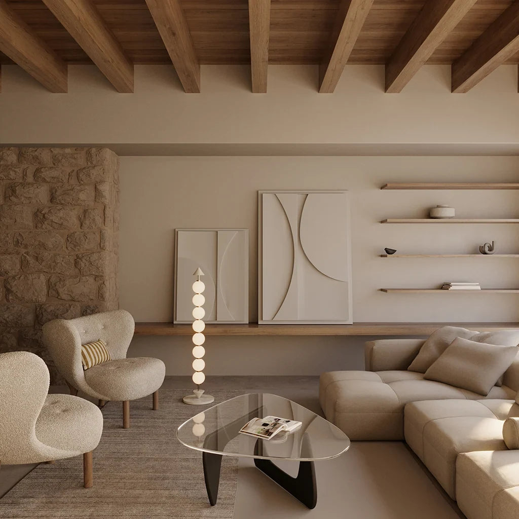 Eight-sphere opal glass floor lamp with a marble base, in a living room
