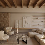 Eight-sphere opal glass floor lamp with a marble base, in a living room