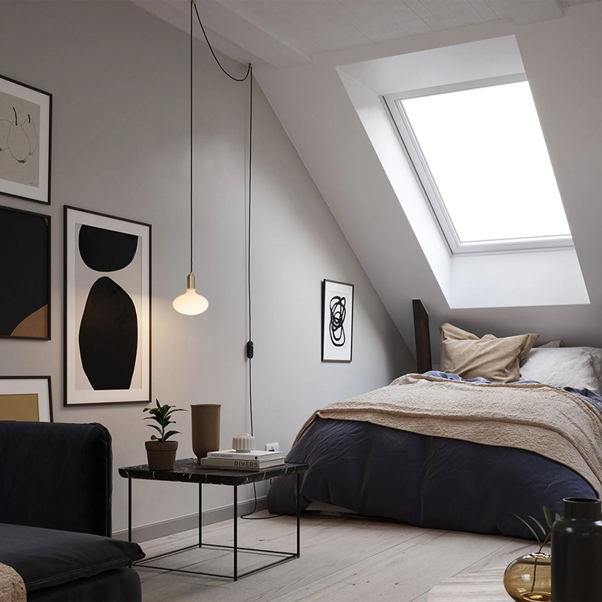 Plug-in pendant with oval matte white bulb, graphite, in an attic bedroom