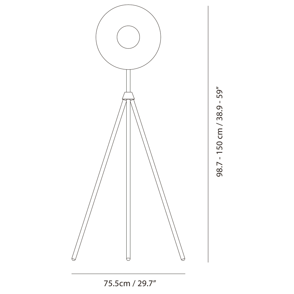 Oversize shade tripod floor lamp with black steel tripod, dimension drawing