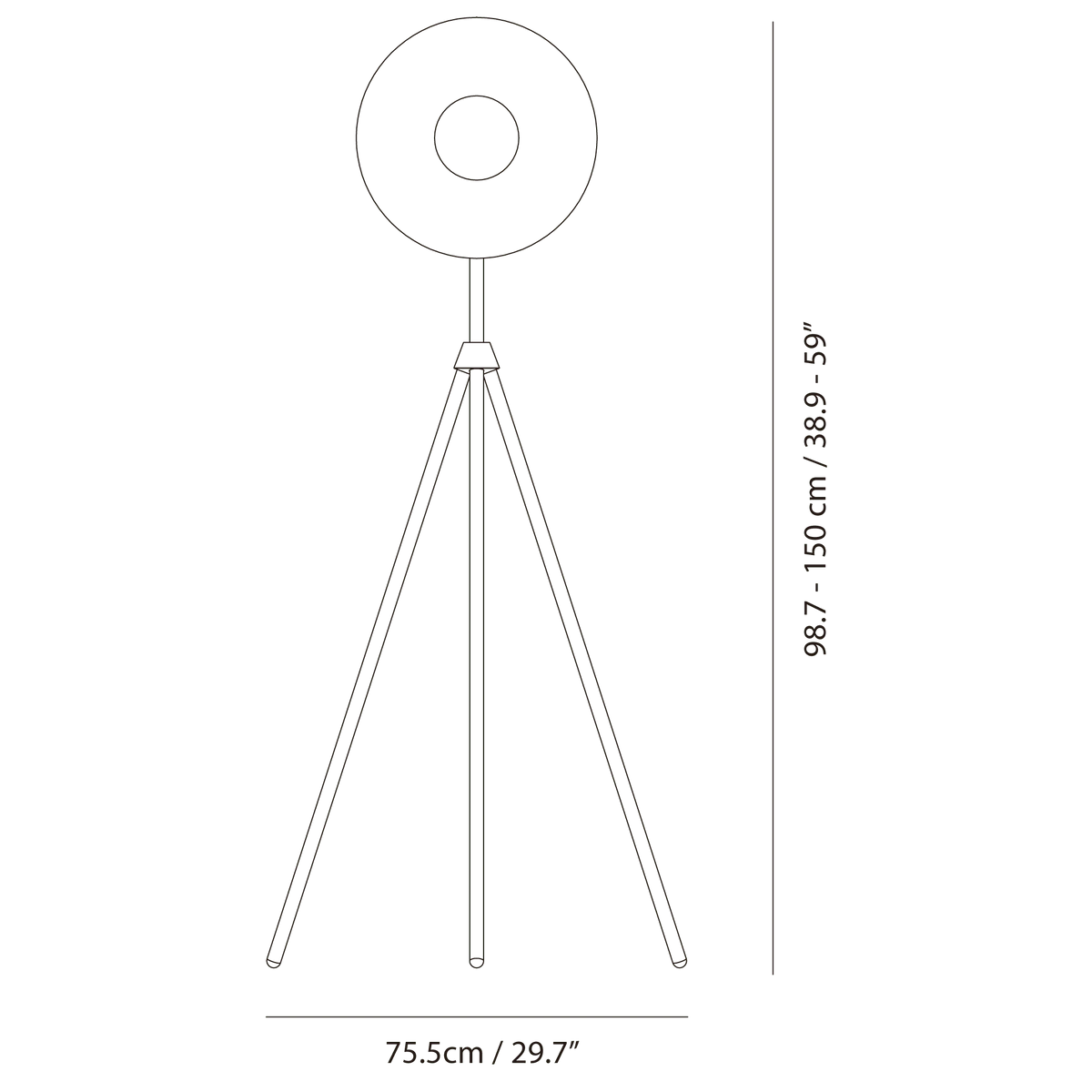 Oversize shade tripod floor lamp with black steel tripod, dimension drawing