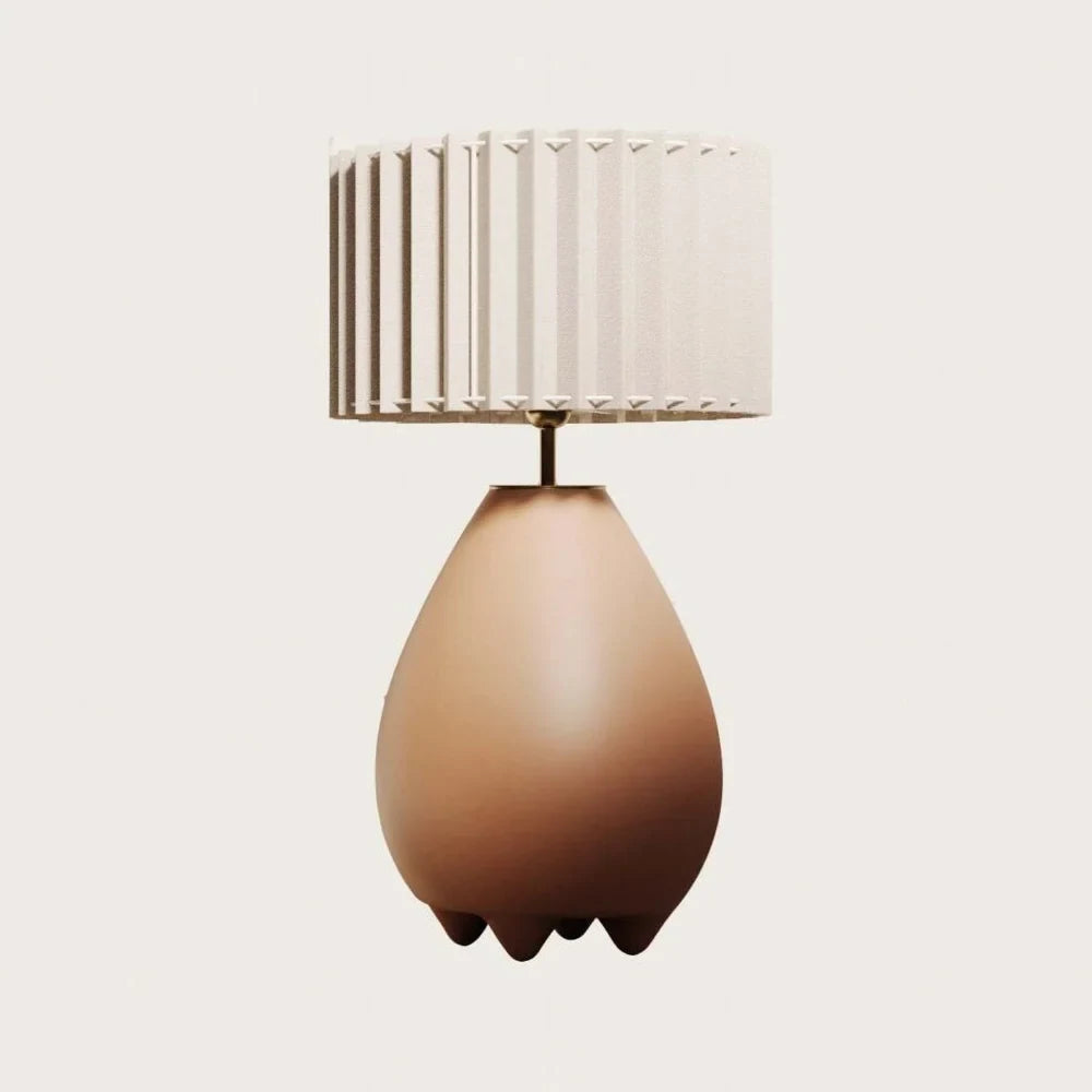 Pear-shaped ceramic table lamp with pleated shade, in terracotta, front view