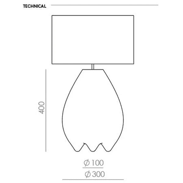 Pear-shaped ceramic table lamp with pleated shade, dimension drawing