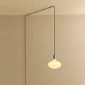 Plug-in pendant with large opal oval bulb, stainless steel, cable routed across wall and ceiling