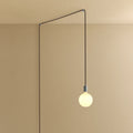 Plug-in pendant with opal globe bulb, stainless steel, cable routed across wall and ceiling
