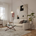 Plug-in pendant with small opal oval bulb, brass, in a living room