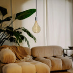 Plug-in pendant with tinted sculptural bulb, stainless steel, above a sofa