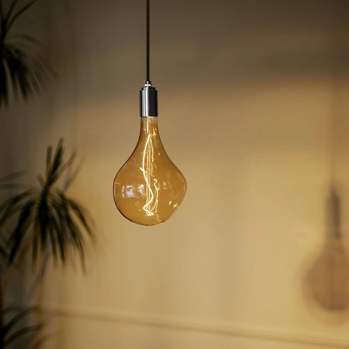Plug-in pendant with tinted sculptural bulb, stainless steel, lit, close-up