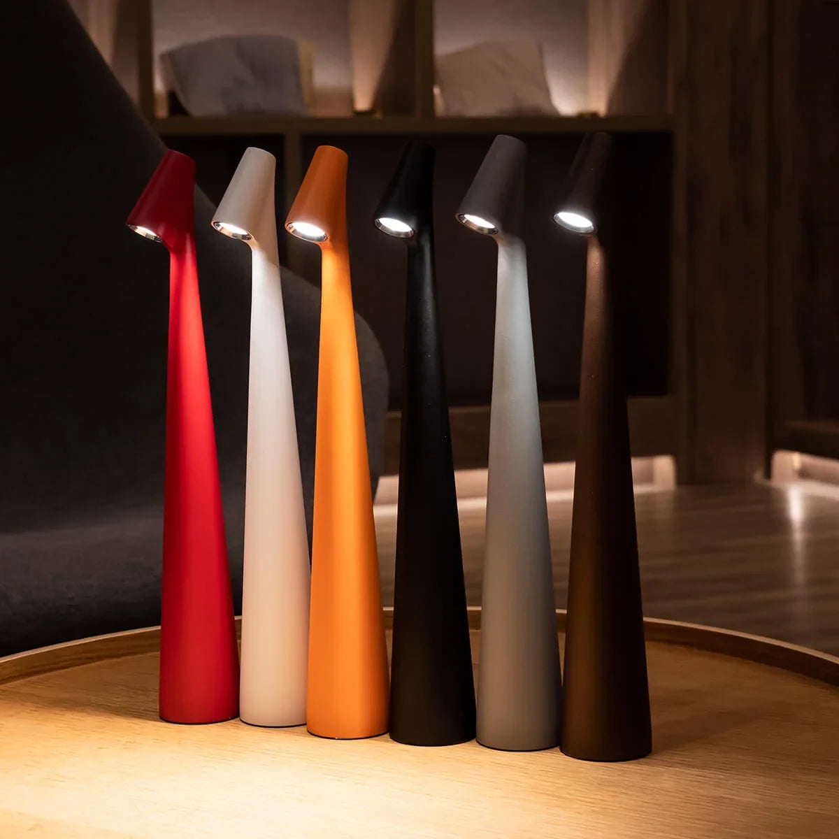 Slim cone cordless table lamp, six colours side by side