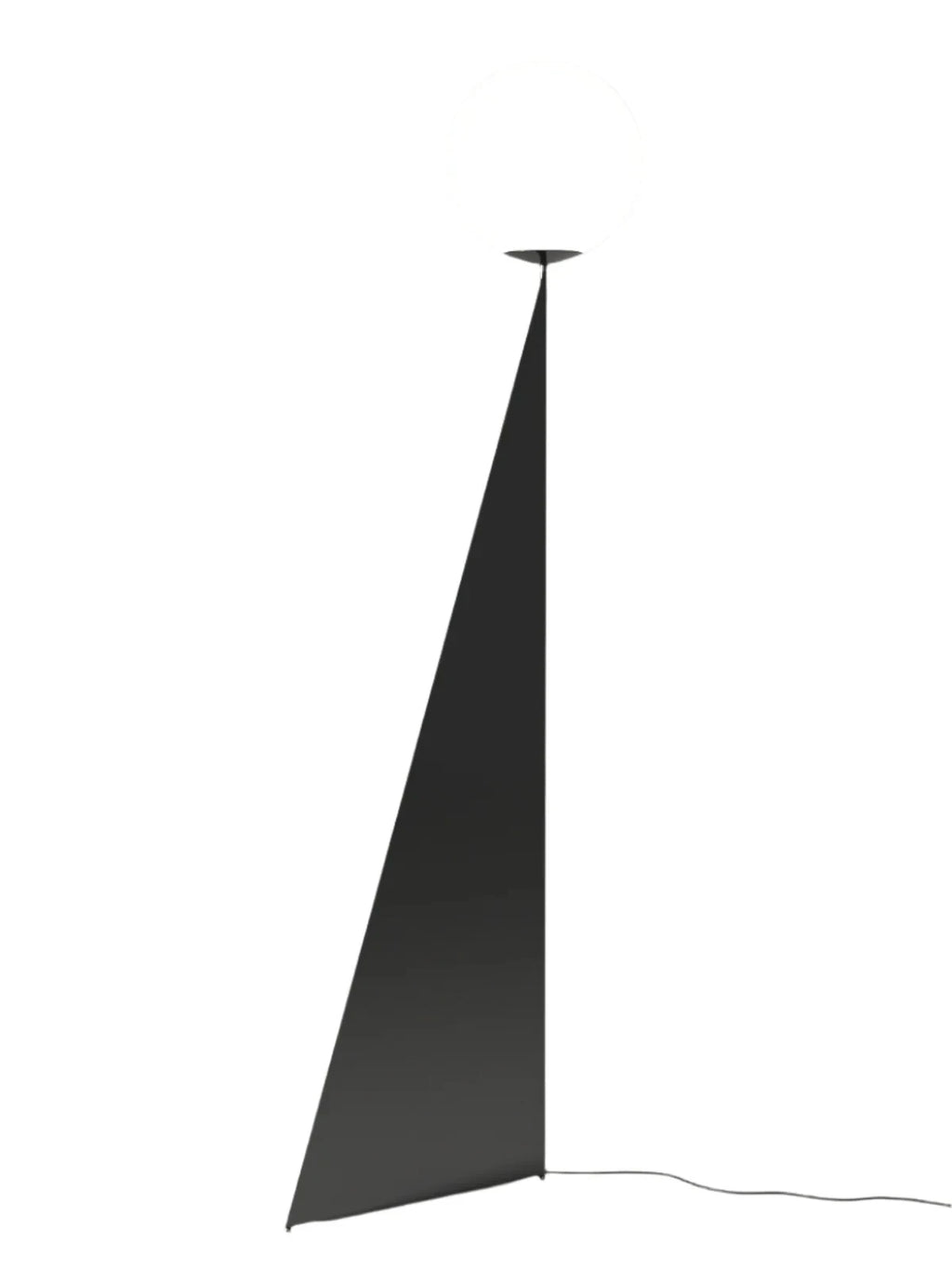 Pyramid base floor lamp with a white glass globe, in black on a plain background