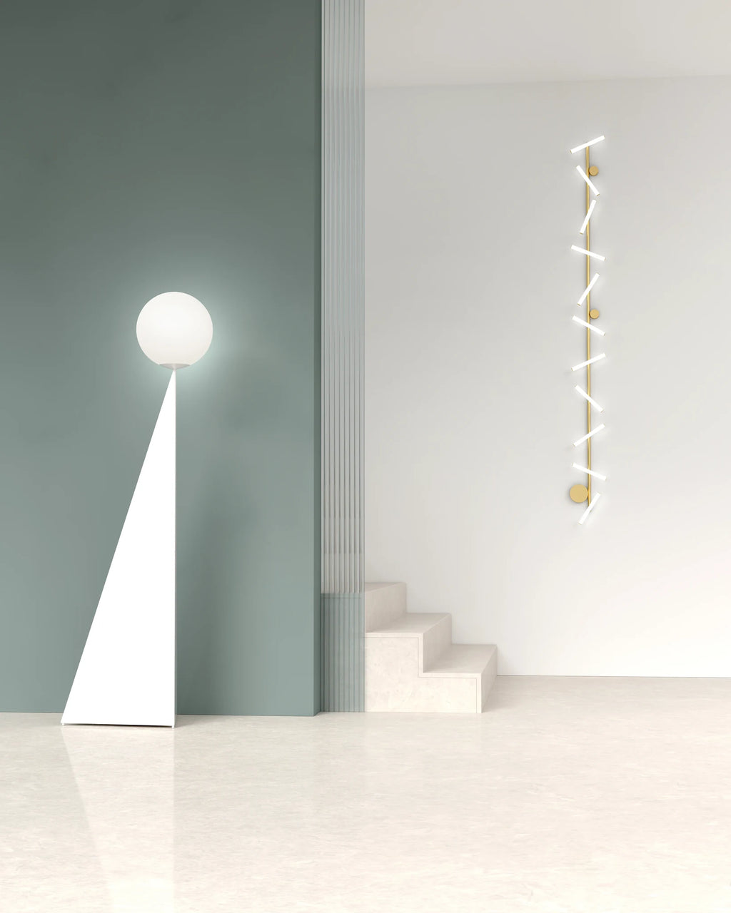 Pyramid base floor lamp with a white glass globe, in white beside a staircase