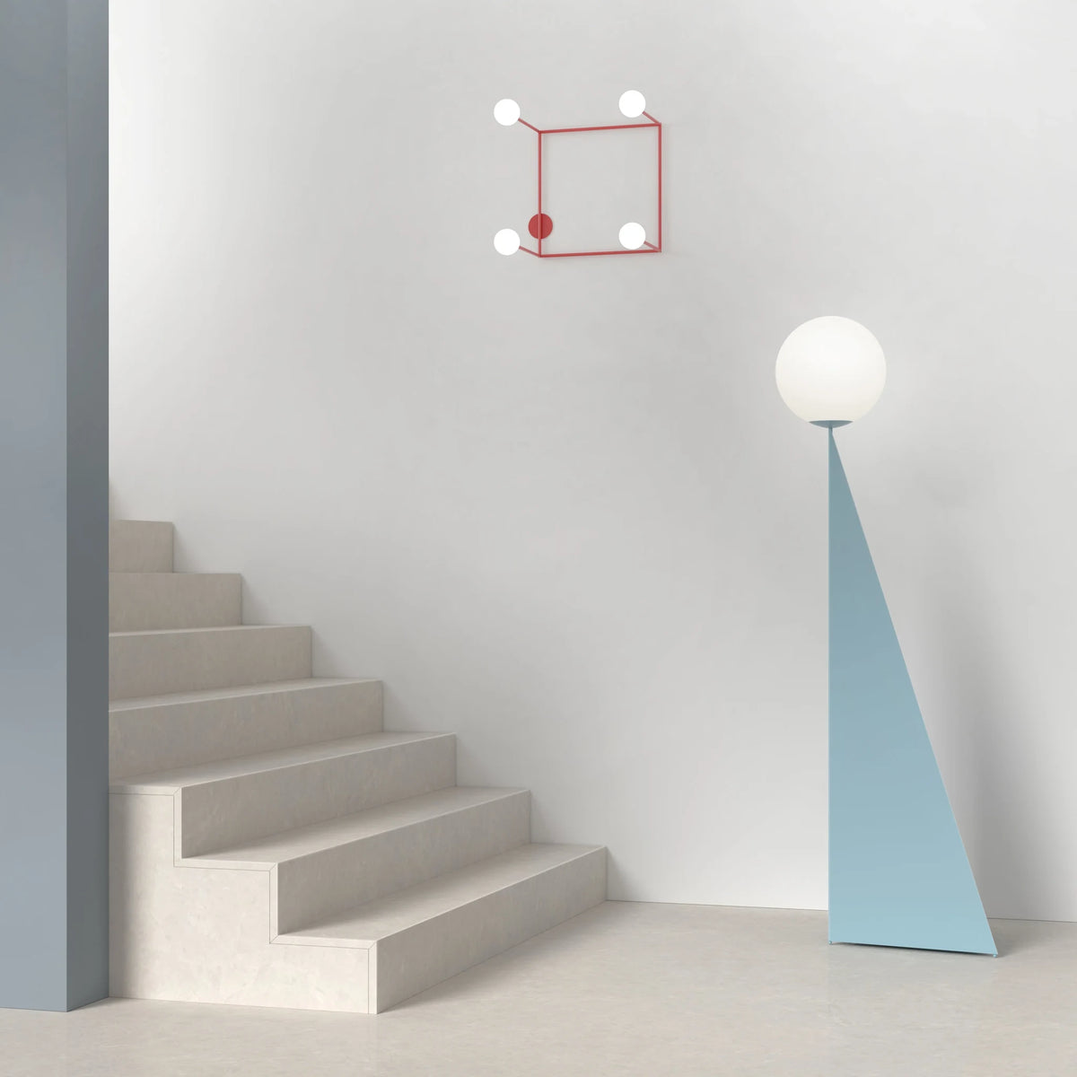 Pyramid base floor lamp with a white glass globe, in light blue beside a staircase