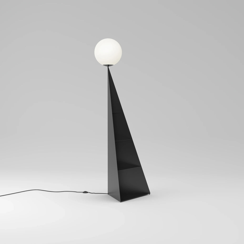 Pyramid base floor lamp with a white glass globe, in black