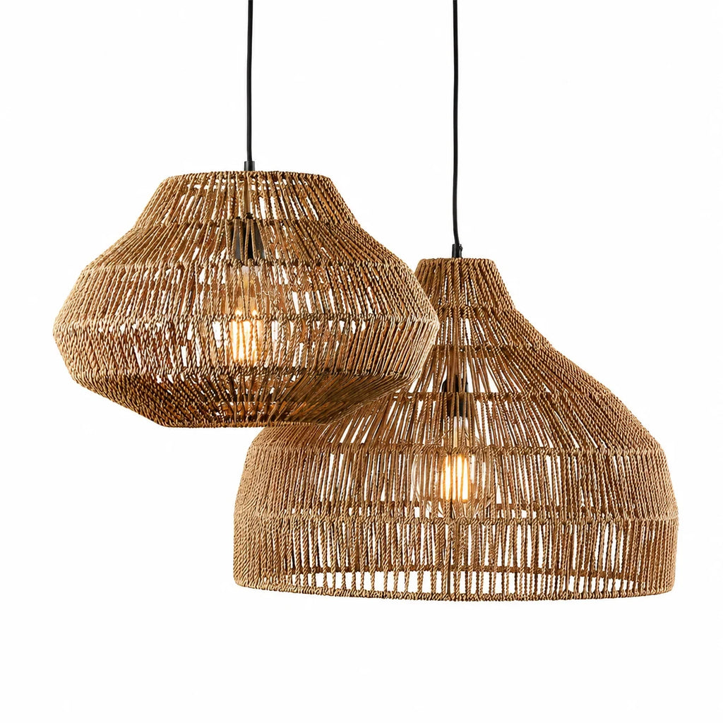 Woven rattan pendant light, bowl and cone shapes together