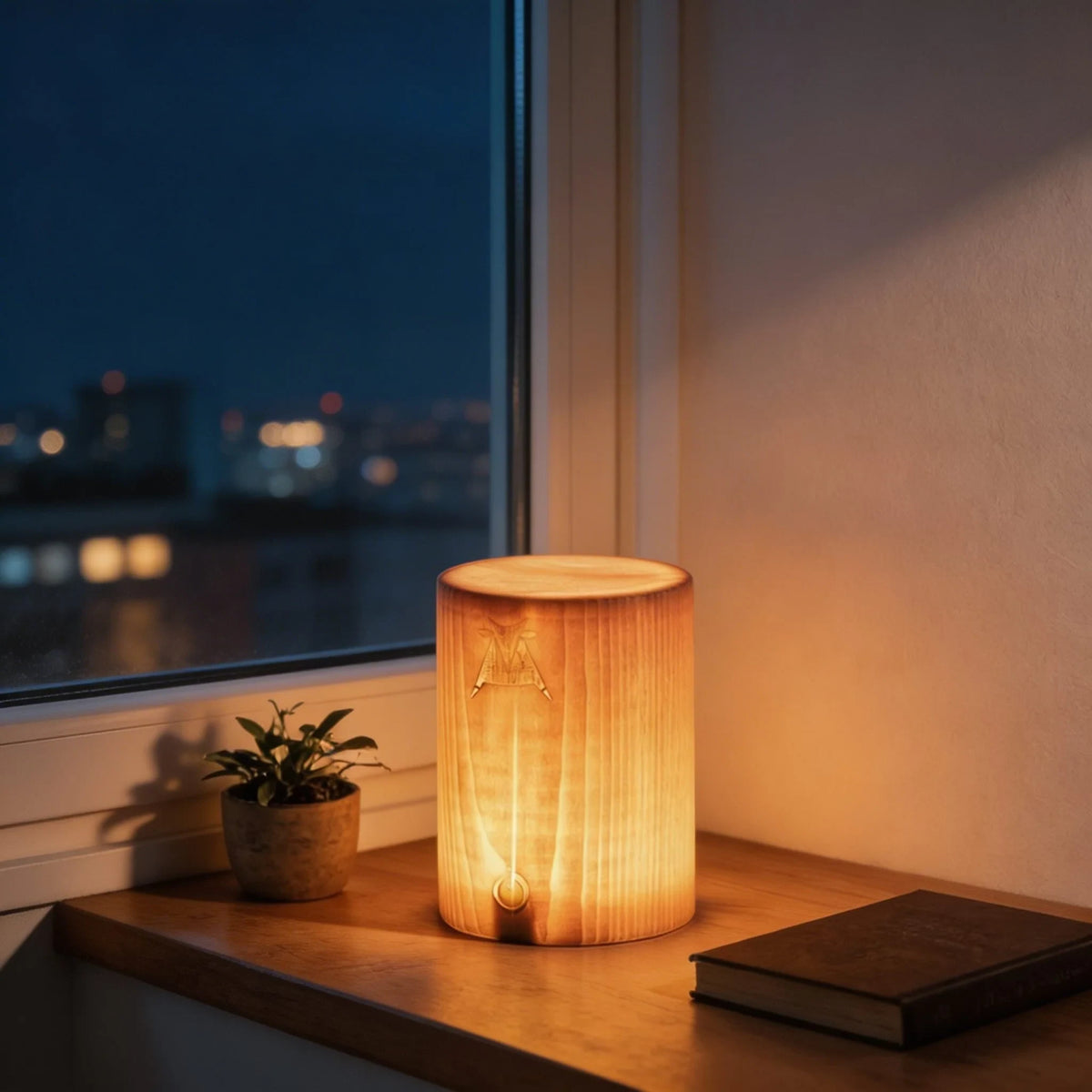 Rechargeable pine wood table lamp, lit on a windowsill at night
