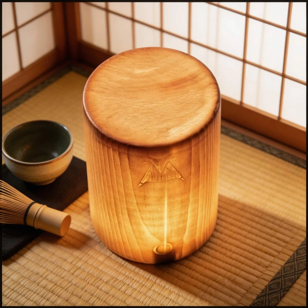 Rechargeable pine wood table lamp, lit on a tatami mat