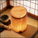 Rechargeable pine wood table lamp, lit on a tatami mat