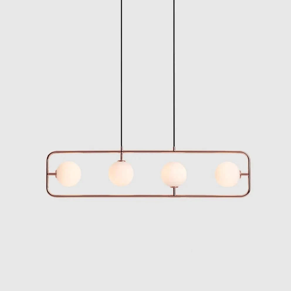 Rectangular Frame Four-Globe Linear Pendant, in copper