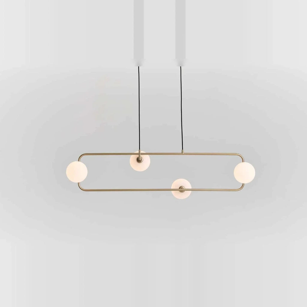 Rectangular Frame Four-Globe Linear Pendant, with globes above and below the frame