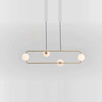 Rectangular Frame Four-Globe Linear Pendant, with globes above and below the frame