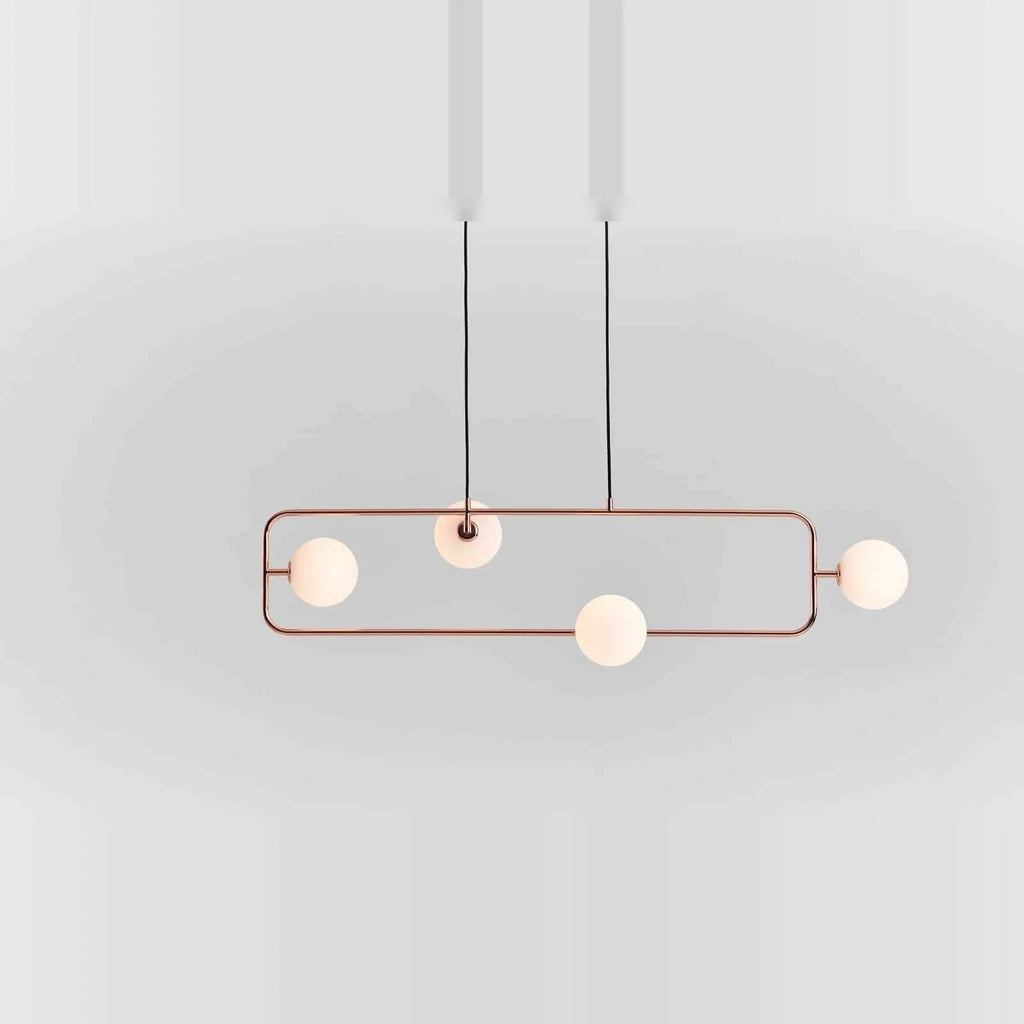 Rectangular Frame Four-Globe Linear Pendant, in copper with globes turned out