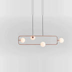 Rectangular Frame Four-Globe Linear Pendant, in copper with globes turned out