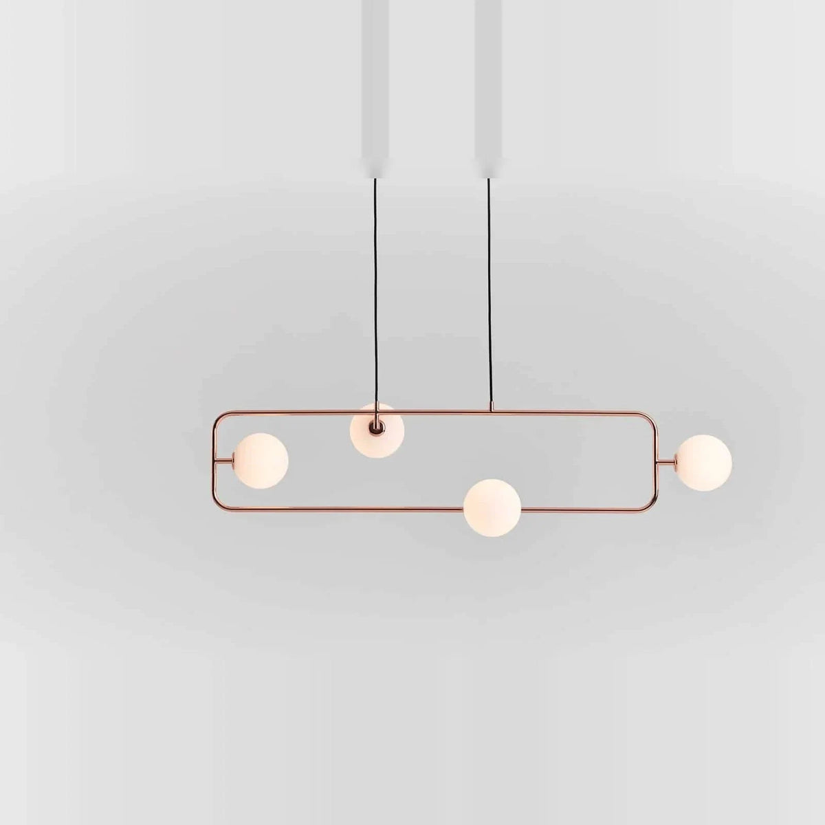 Rectangular Frame Four-Globe Linear Pendant, in copper with globes turned out