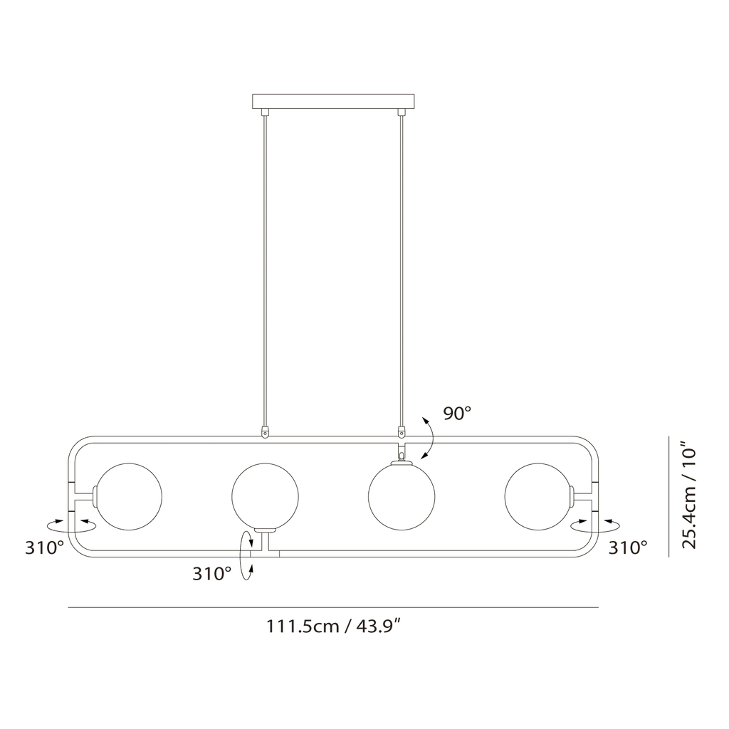 Rectangular Frame Four-Globe Linear Pendant, dimension drawing