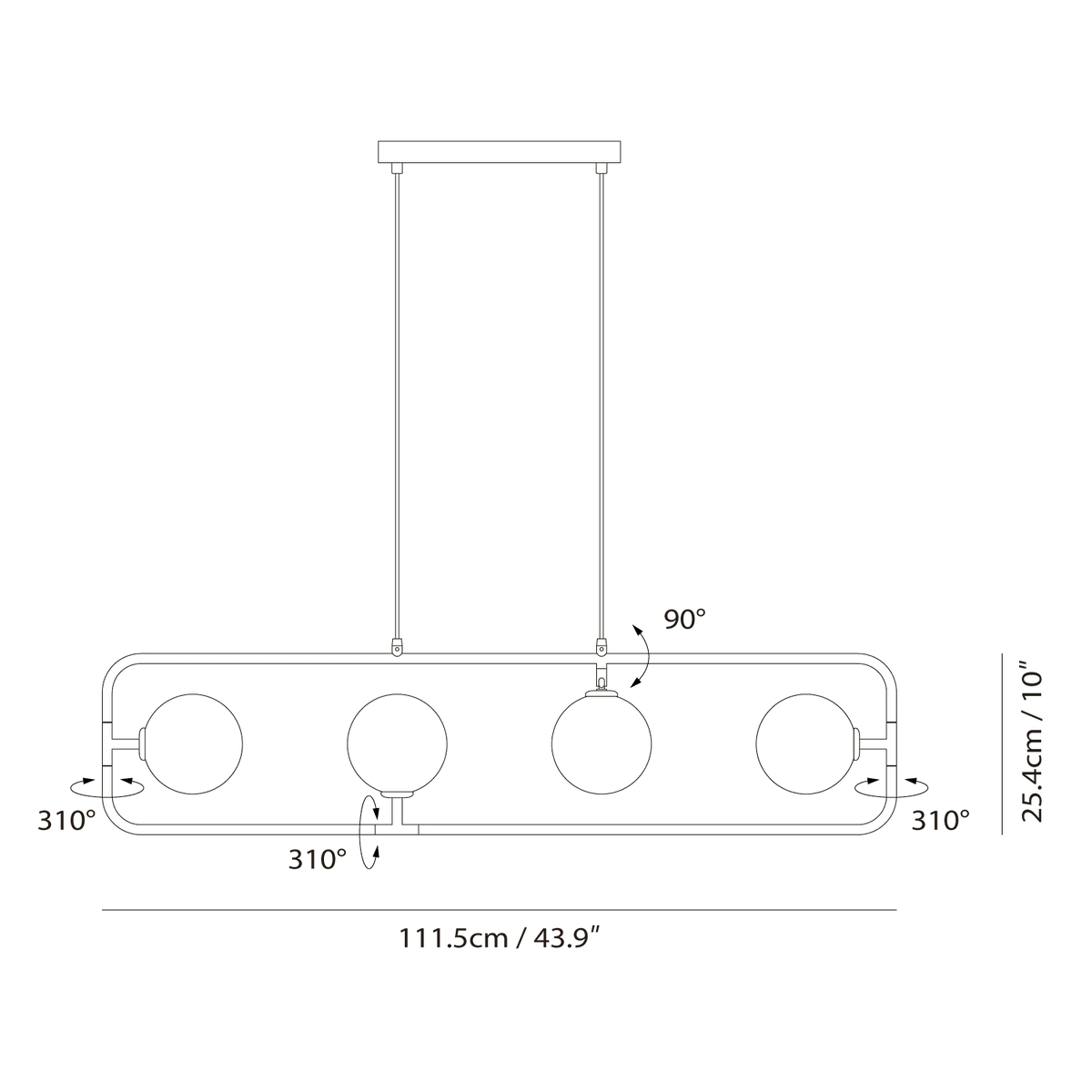 Rectangular Frame Four-Globe Linear Pendant, dimension drawing