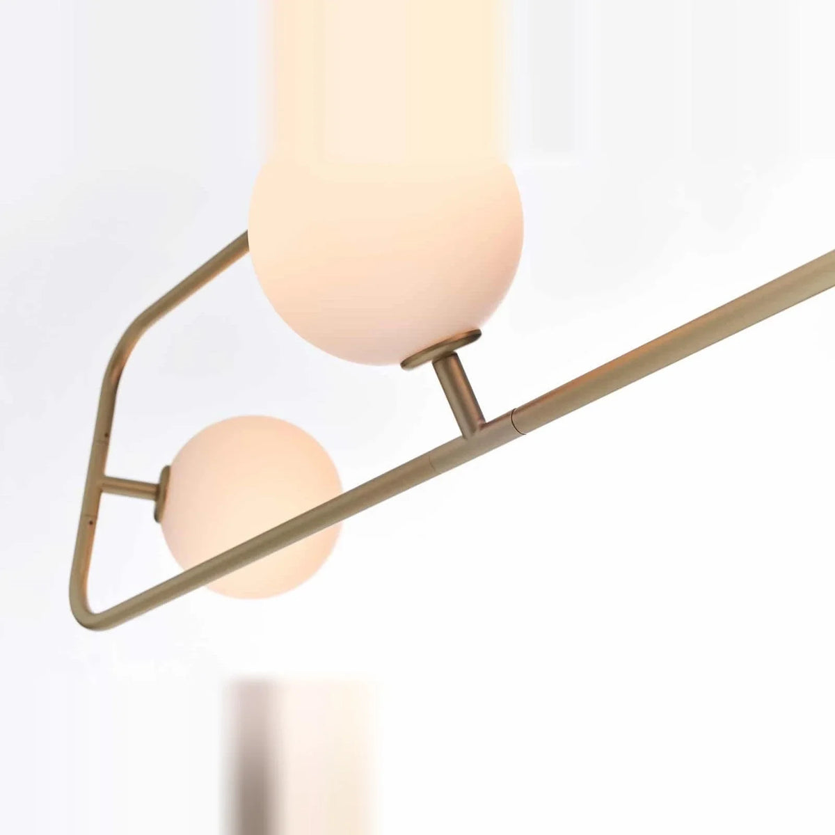 Rectangular Frame Four-Globe Linear Pendant, close-up of the globes and frame