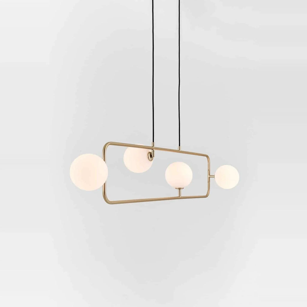 Rectangular Frame Four-Globe Linear Pendant, frame tilted, globes turned out