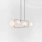 Rectangular Frame Four-Globe Linear Pendant, frame tilted, globes turned out