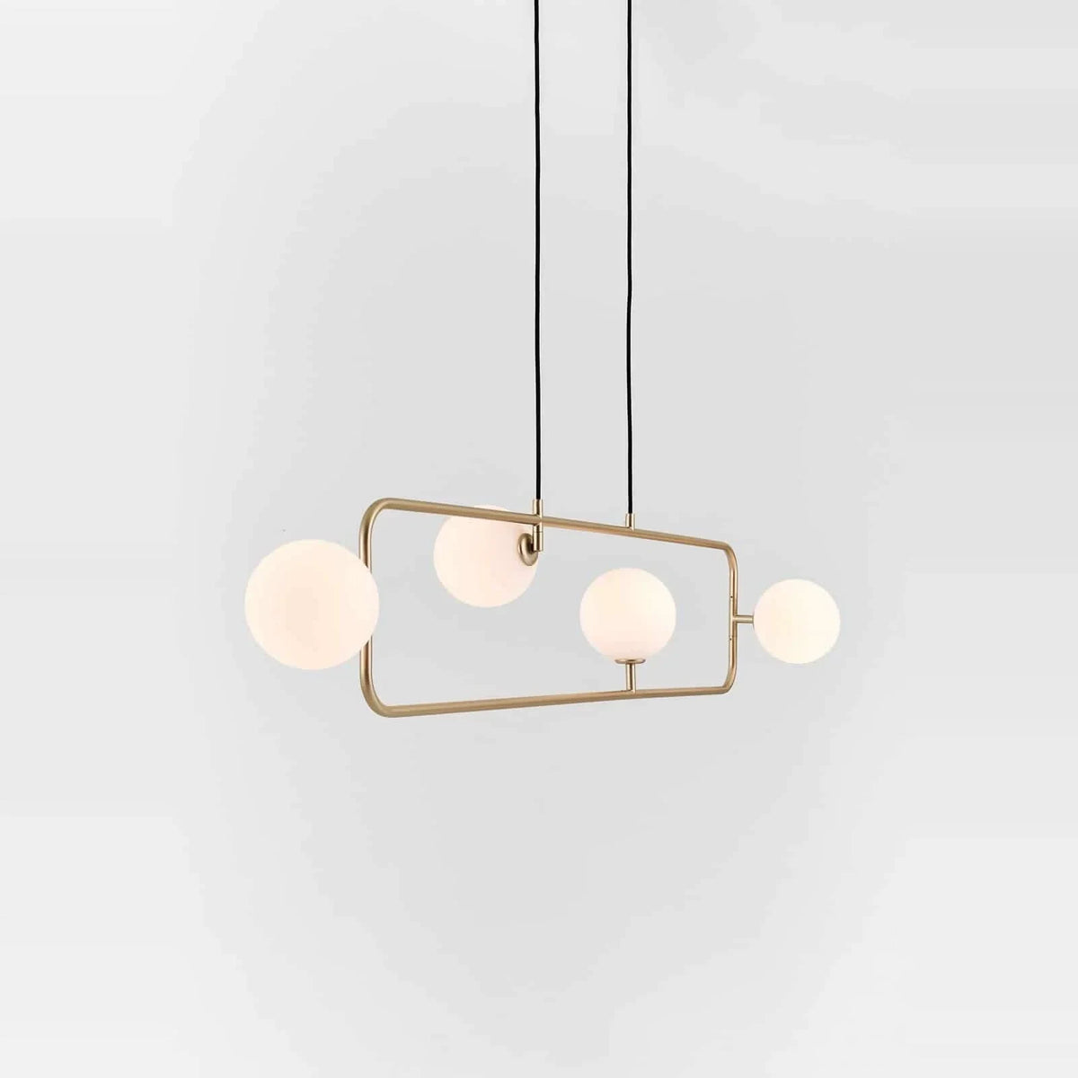 Rectangular Frame Four-Globe Linear Pendant, frame tilted, globes turned out