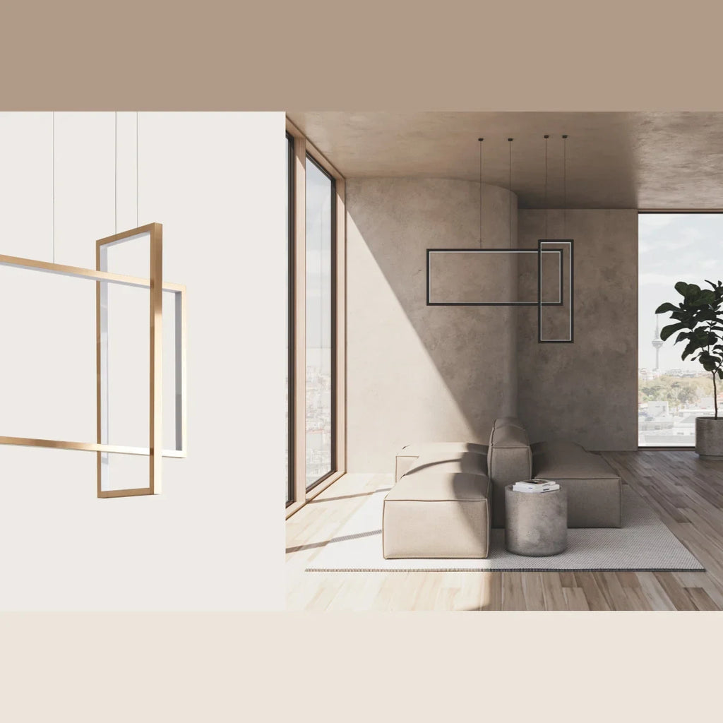 Rectangular frame LED pendant, in an open-plan living room