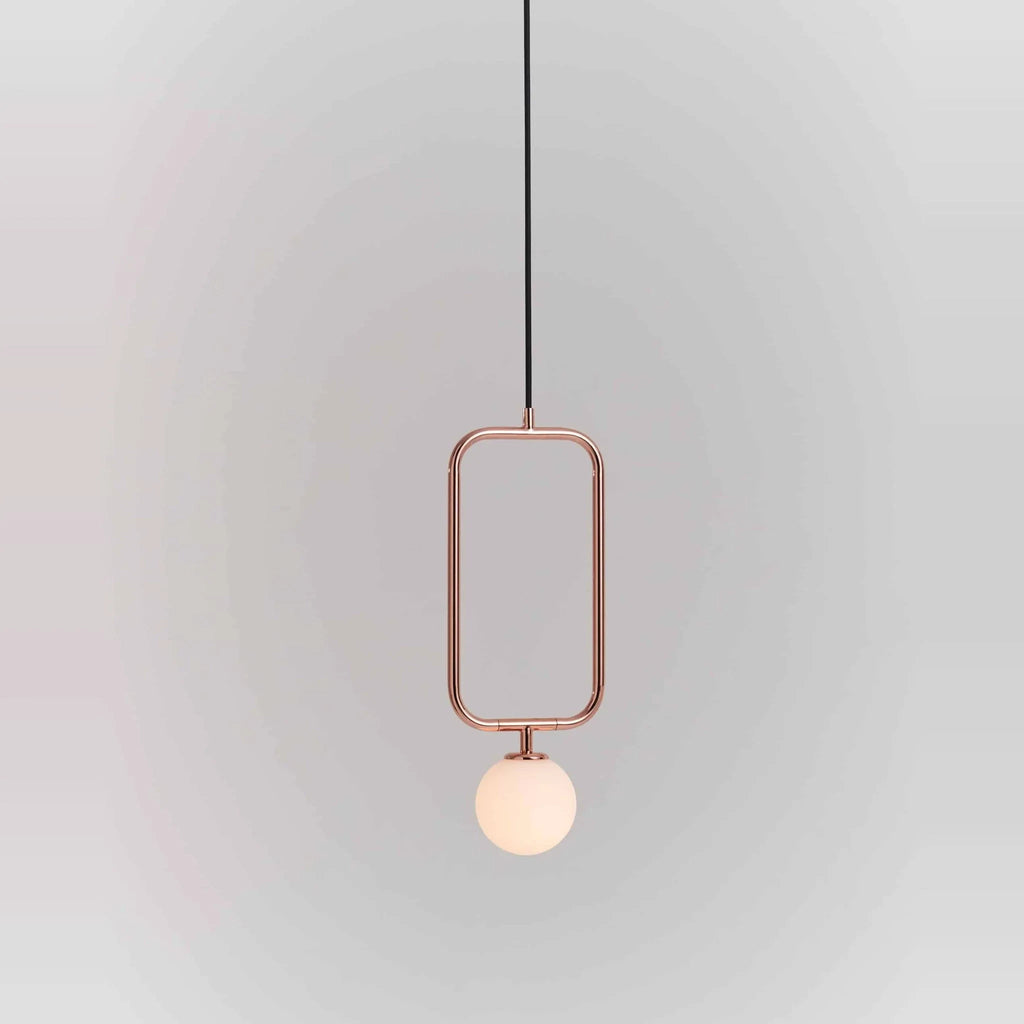 Rectangular Frame Opal Globe Pendant, in copper, globe below the frame