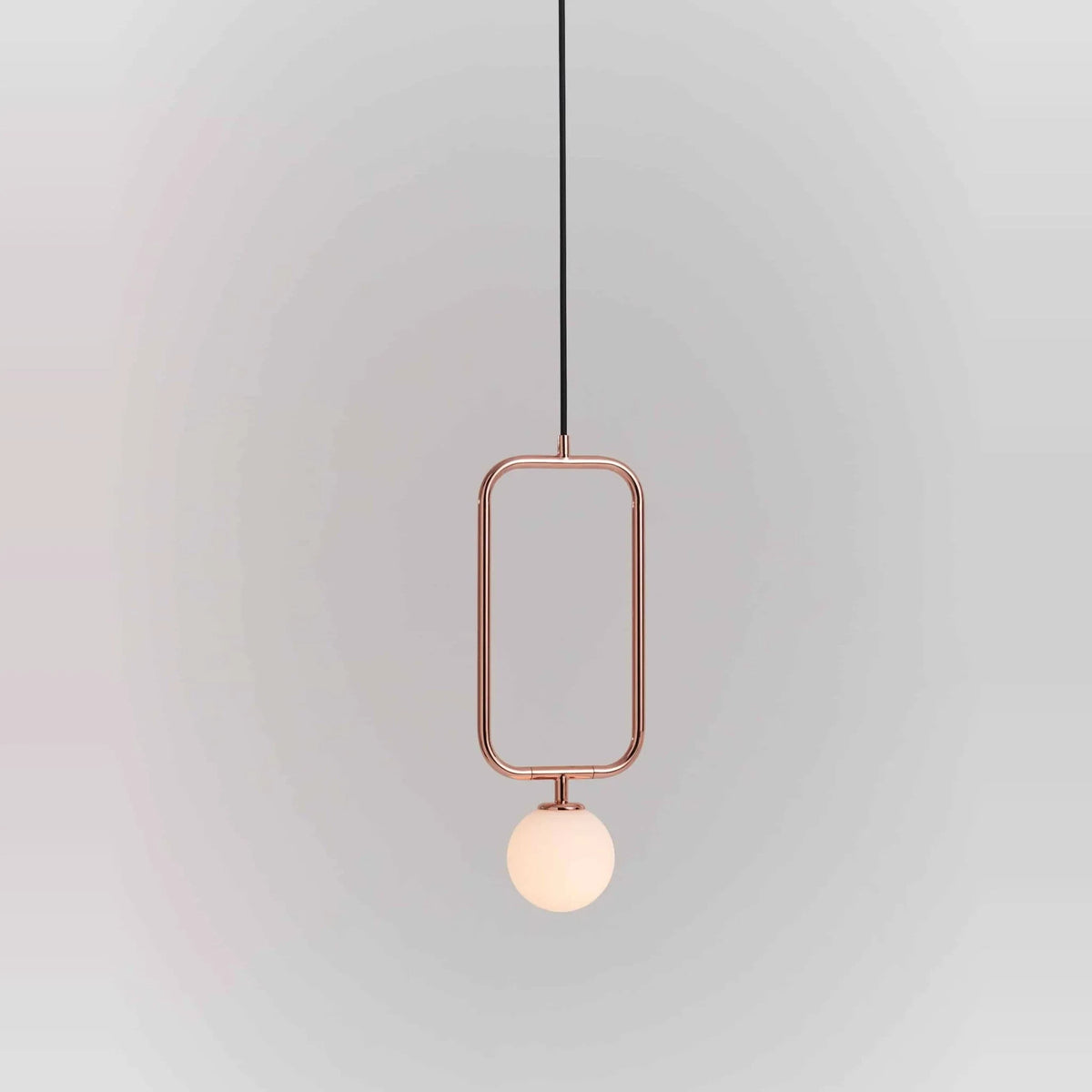 Rectangular Frame Opal Globe Pendant, in copper, globe below the frame