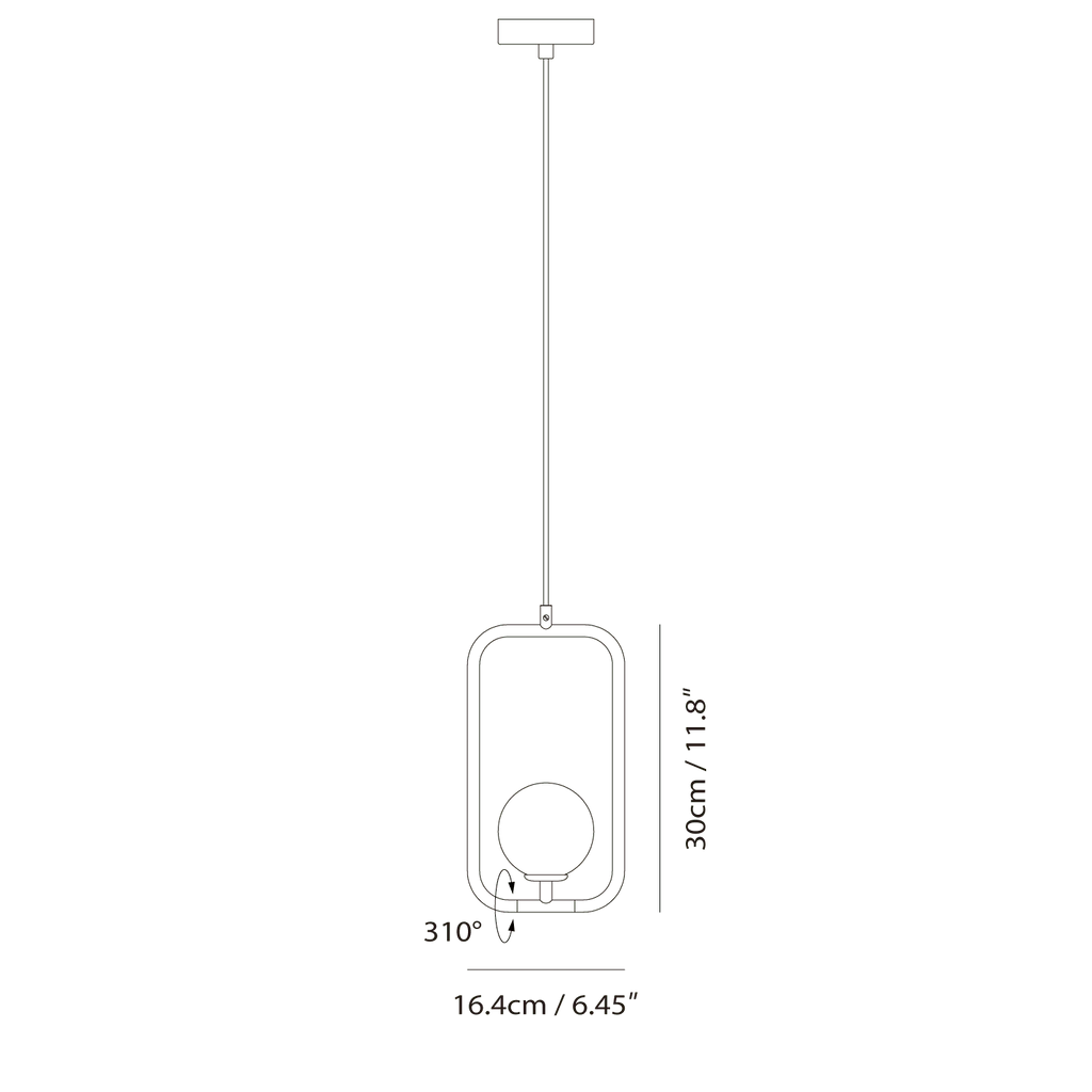 Rectangular Frame Opal Globe Pendant, dimension drawing
