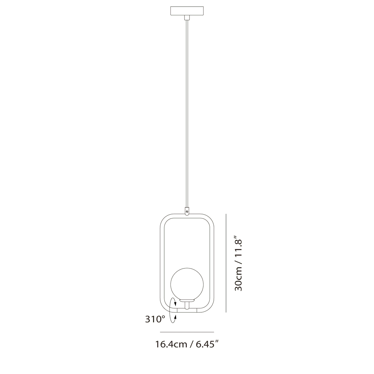 Rectangular Frame Opal Globe Pendant, dimension drawing