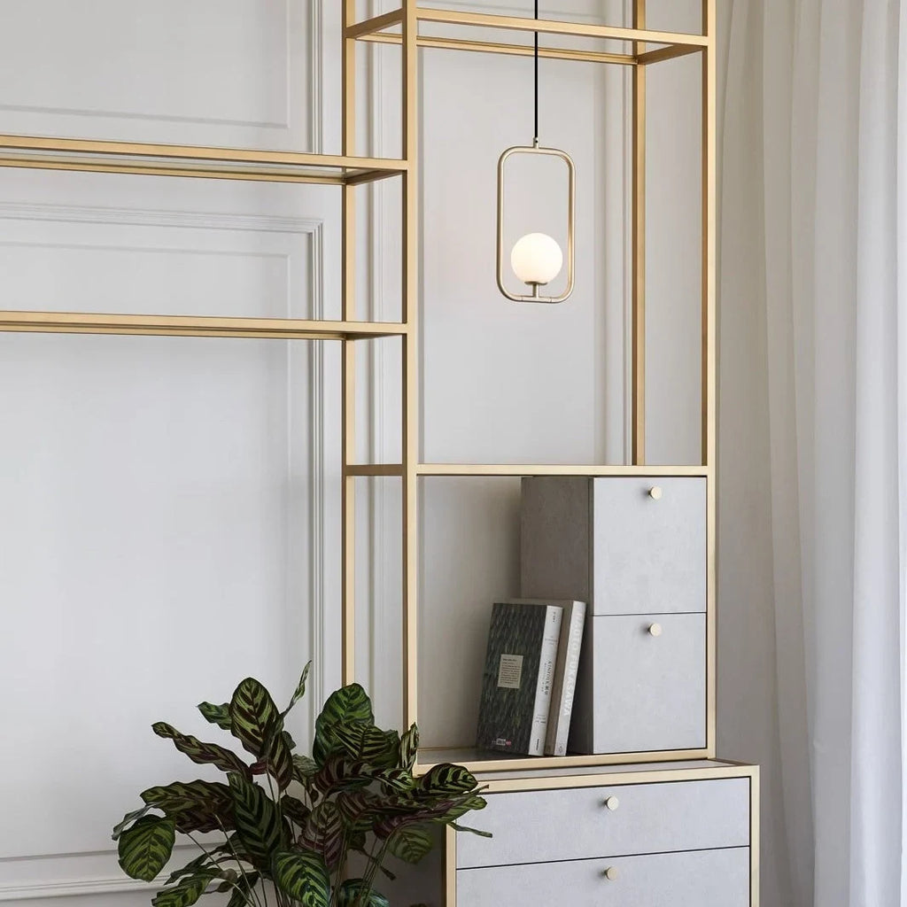 Rectangular Frame Opal Globe Pendant, in front of open shelving