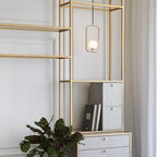 Rectangular Frame Opal Globe Pendant, in front of open shelving